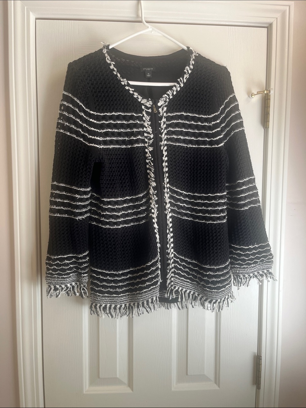 Ann Taylor Black and White Fringe Knit Open-Front Cardigan